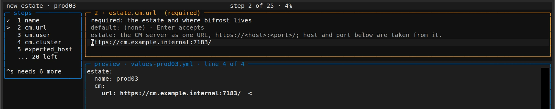 Heimdall new-estate wizard at step 2 of 25, with the field list on the left, the Cloudera Manager URL being entered, and the values file preview below